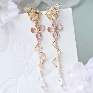 Gold and Pink Drop Dangle Butterfly Earrings